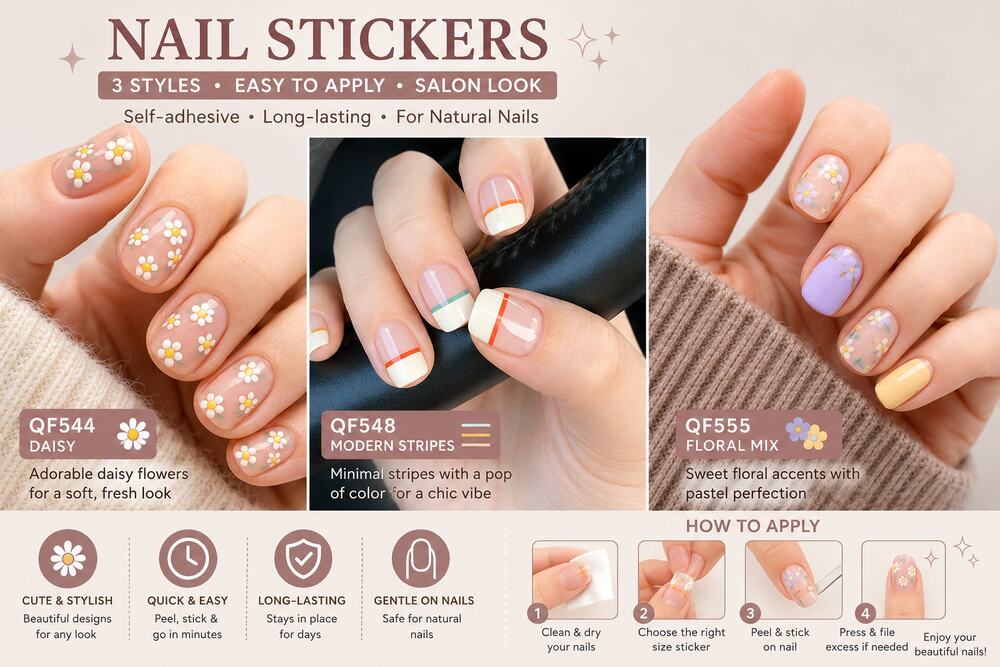 3x Daisy Flower French Nail Stickers Self-Adhesive Nail Decals Floral Nail Art